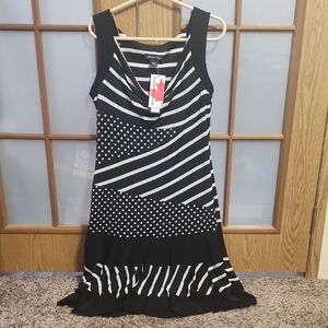 Michael Tyler Nwt Black And White Polka Dot/striped Sleeveless Dress Medium